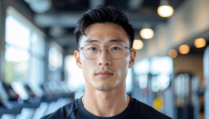 Obraz premium Focused portrait of an athletic man in a gym setting, exuding confidence and determination. His serious expression shows his dedication to fitness and well-being