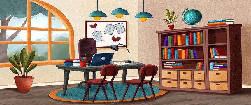 Office interior of school principal or guidance, illustration cartoon set of furniture, table, chairs and bookcase .
