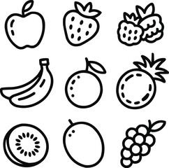 Fresh Fruits Outline Icon Collection Apples, Berries, Citrus, and Tropical Fruits