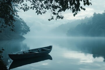 Boat floating on calm water surrounded by thick fog during early morning light