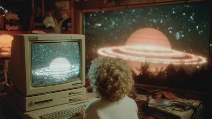 Retro Cinematic Child with Old Computer Learning about Space with Saturn Planet View - Powered by Adobe