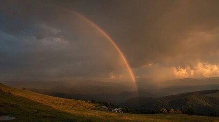 Faint Rainbow Arcing Over a Serene Horizon After Rain, Symbolizing Hope and Healing in Nature's Beauty