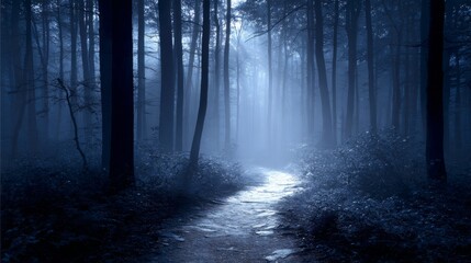 Obraz premium Serene Path Through a Foggy Forest Symbolizing Guidance and Hope in an Enigmatic Landscape