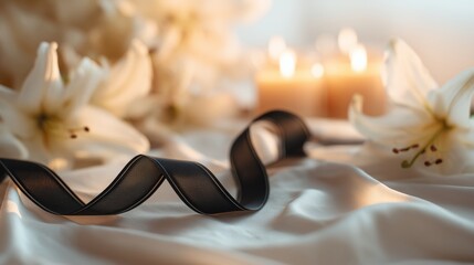 A black awareness ribbon on a white silk fabric. white lilies, candles with a soft golden glow, a funeral service, memorial, and obituary header full of respect for the departed.
