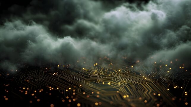 A futuristic circuit board with glowing pathways shrouded in dark atmospheric clouds