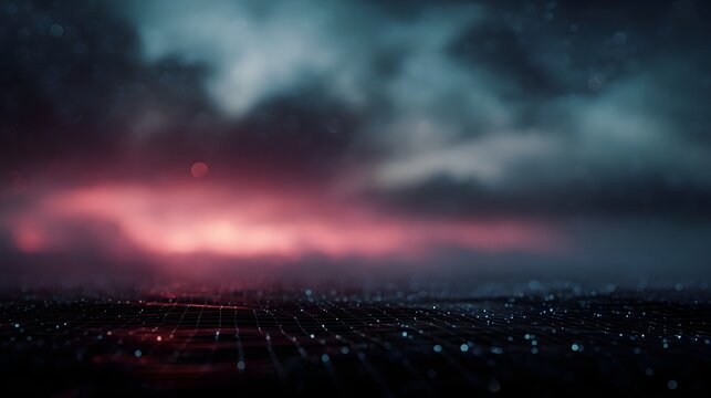 Moody cityscape at night with a digital grid overlay