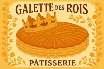 Galette des Rois. French patisserie. Vector poster with floral decor and lettering