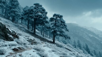 Tranquil hillside forest in snow, limited palette of blue-gray and white.
