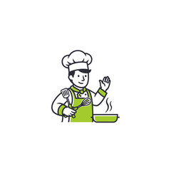 Professional chef cooking illustration with utensils and pan smiling and waving