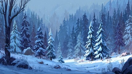Snow-covered hillside with pines, cinematic depth and serene winter mood.