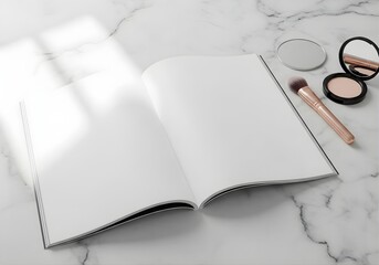 Open magazine mockup on light marble surface beside makeup brush and mirror, soft natural light, beauty and lifestyle theme.