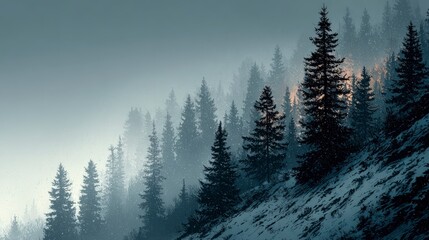 Atmospheric winter pine forest with soft falling snow and muted blue-gray tones.
