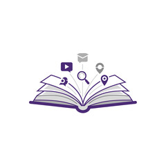 Open book with multimedia and information icons symbolizing learning knowledge research and global reach