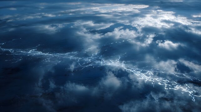 A vibrant abstract network of glowing blue light trails weaves through a dark cloudy atmospheric sky creating a mystical scene