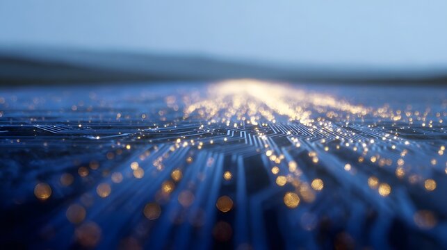 Abstract glowing digital circuit board pathways with illuminated orange lights on a blue background
