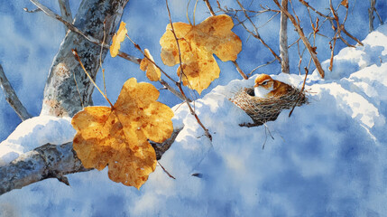 Close-up watercolor of small bird nest on snow-covered branch with golden leaf.