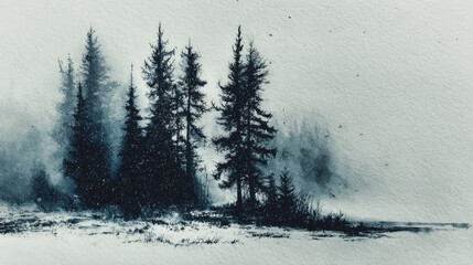 Peaceful winter pine forest in muted gray-blue watercolor palette.