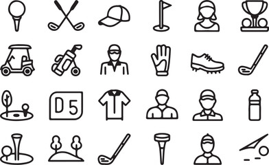 Golf icon set: equipment, players, and course elements collection