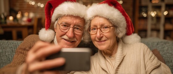 Senior couple in Santa hats taking Christmas selfie at home