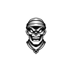 black and white angry mummy skull illustration mascot logo