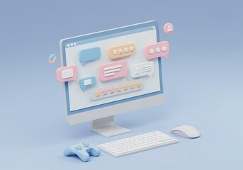 Customer feedback and reviews on computer screen with gaming controller keyboard and mouse for online user experience in pastel color