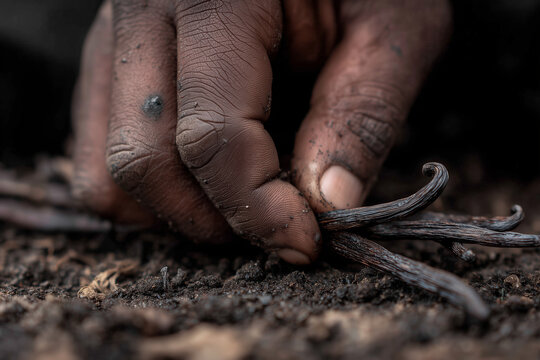 Poor farmer dirty hands holding dark dried vanilla pods. Extreme rise in commodity prices.