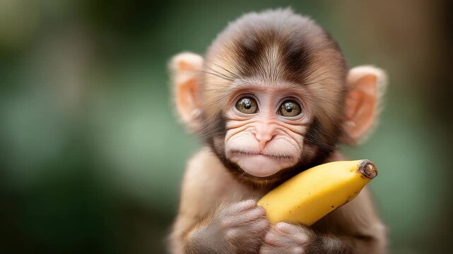 Adorable monkey with large eyes holding a ripe banana against a soft, green background