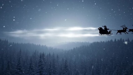 Santa Claus and his reindeer sleigh flying over a snowy forest at night delivering presents for Christmas. - Powered by Adobe