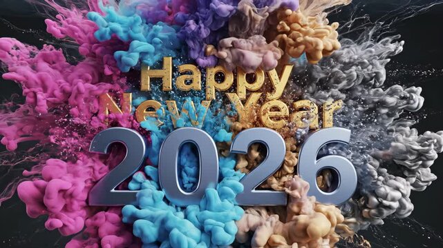 Vibrant 2026 New Year Celebration with Colorful Smoke and Golden Typography and festive ambiance