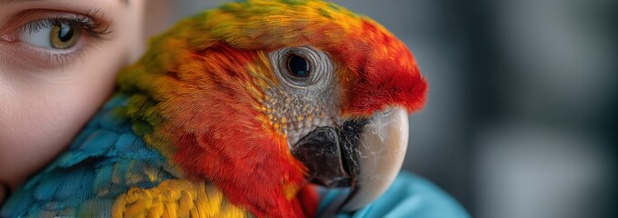 Naklejka premium Colorful parrot close to child’s face during animal-assisted therapy