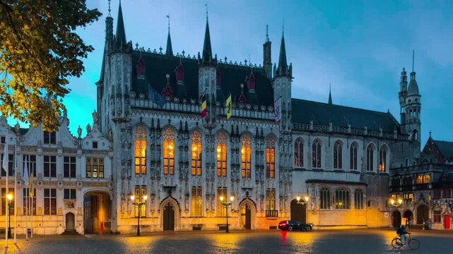 Medieval architecture on the autumn streets of historic center of Bruges, Belgium, October 20, 2025. High quality 4k footage
