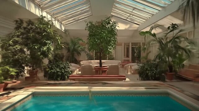 Indoor pool with greenery and sunlight through a glass roof