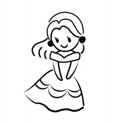 A cute doodle of a girl in a flowing dress, smiling sweetly. Simple black line art with soft curves, giving a playful and charming cartoon style.