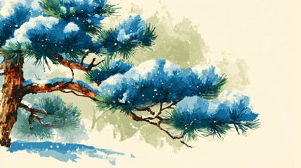 Delicate pine branch with snow, soft watercolor texture, Japanese aesthetic.