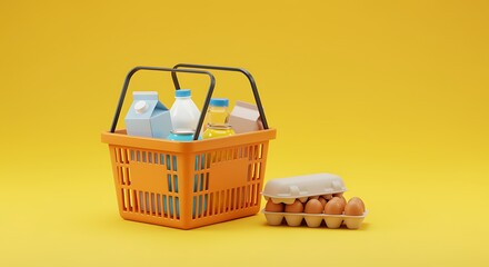 Fresh Groceries in a Shopping Basket on a Yellow Background a Minimalist Rendered Scene Full of Essential Items