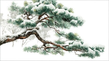 Minimal Japanese-inspired pine branch with subtle snowy dusting.