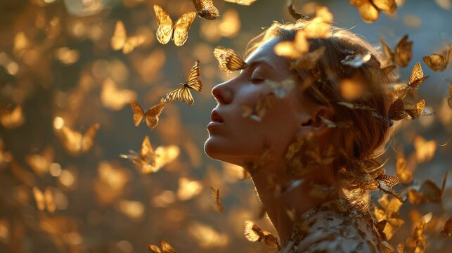 Enchanted Moment of Transformation Surrounded by Glowing Butterflies in Soft Golden Light