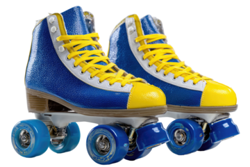 Pair of vibrant blue and yellow roller skates