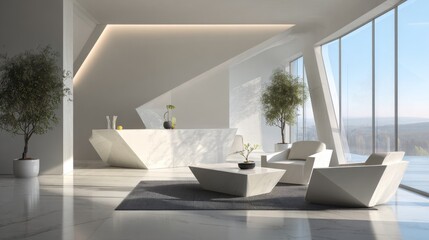 Fototapeta premium Modern White Living Room with Geometric Furniture and Large Windows for Bright Atmosphere