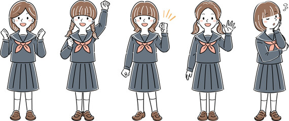 制服姿の女子学生の全身イラストセット・様々なポーズと表情（ガッツポーズ、手を振る、悩む）