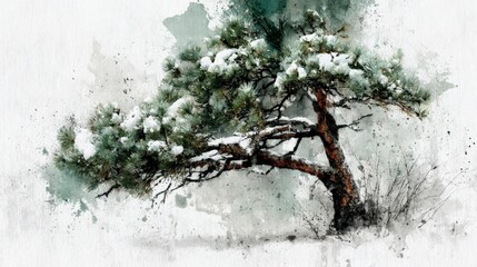 Winter nature minimalism: snow-dusted pine branch on soft neutral background.