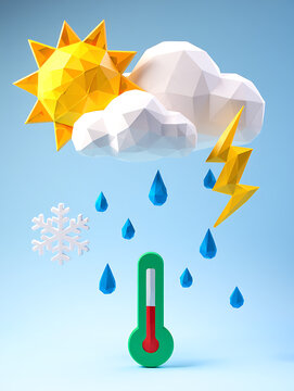 A whimsical low poly 3D model of a weather forecast, with a sun, a cloud, rain, snow, and a thermometer.