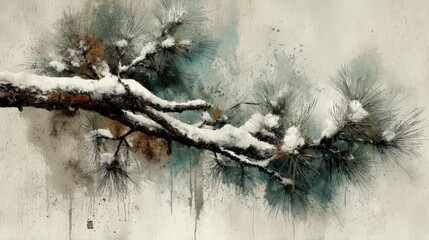Delicate pine branch with snow, soft watercolor texture, Japanese aesthetic.