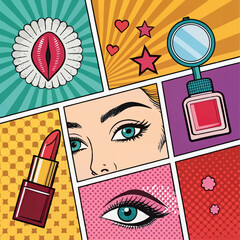 Vibrant beauty pop art style graphic illustration showcasing makeup, eyes, lips, and cosmetic products for modern fashion and beauty industry design projects © craftsby.ib