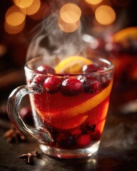 Warm winter drink with cranberries and orange