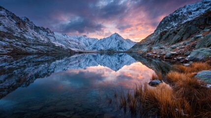 Serene Calm Lake with Snowy Peaks Reflecting in Colorful Sunset Sky