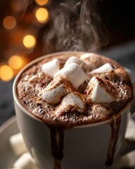 Hot chocolate with marshmallows steaming mug