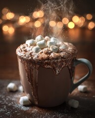 Hot chocolate with marshmallows steaming mug