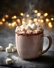 Hot chocolate with marshmallows steaming mug