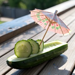 Cucumber Boat with Paper Parasol under Sunlight